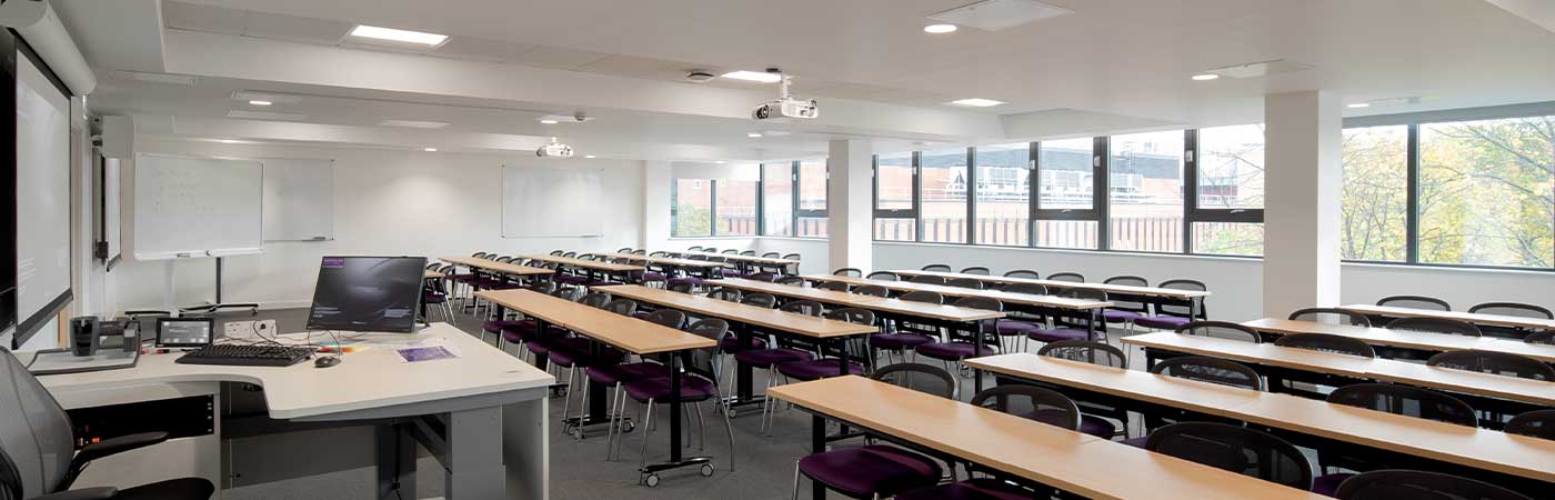An empty teaching room at Alliance Manchester Business School