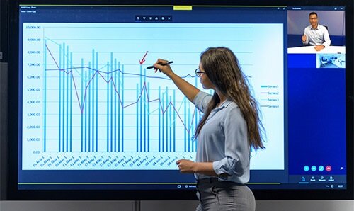 A woman stands by a large screen and uses a marker to add annotations to a graph.