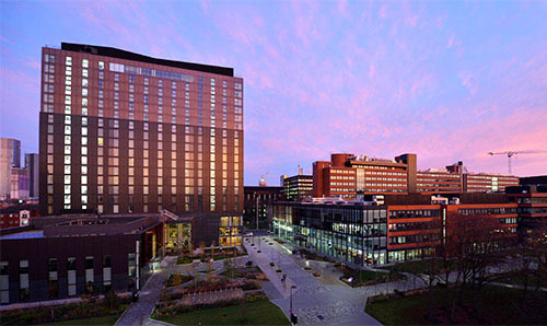 Alliance Manchester Business School at sunset