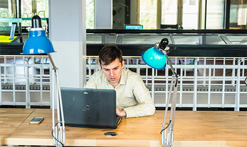 A student working on a laptop at Manchester Museum